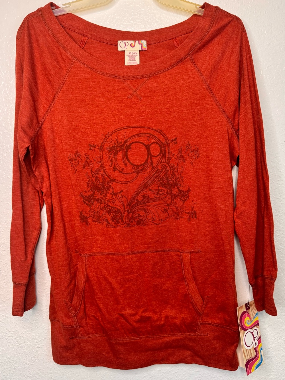 NWT Y2K Vintage 2000s OP Orange Ragland Long Sleeve Kangaroo pocket Top - L